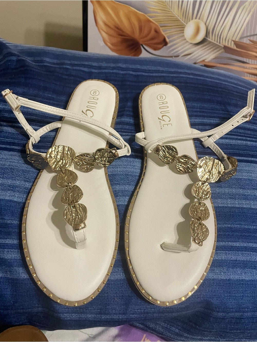 White Gold-Accent T-Strap Sandals